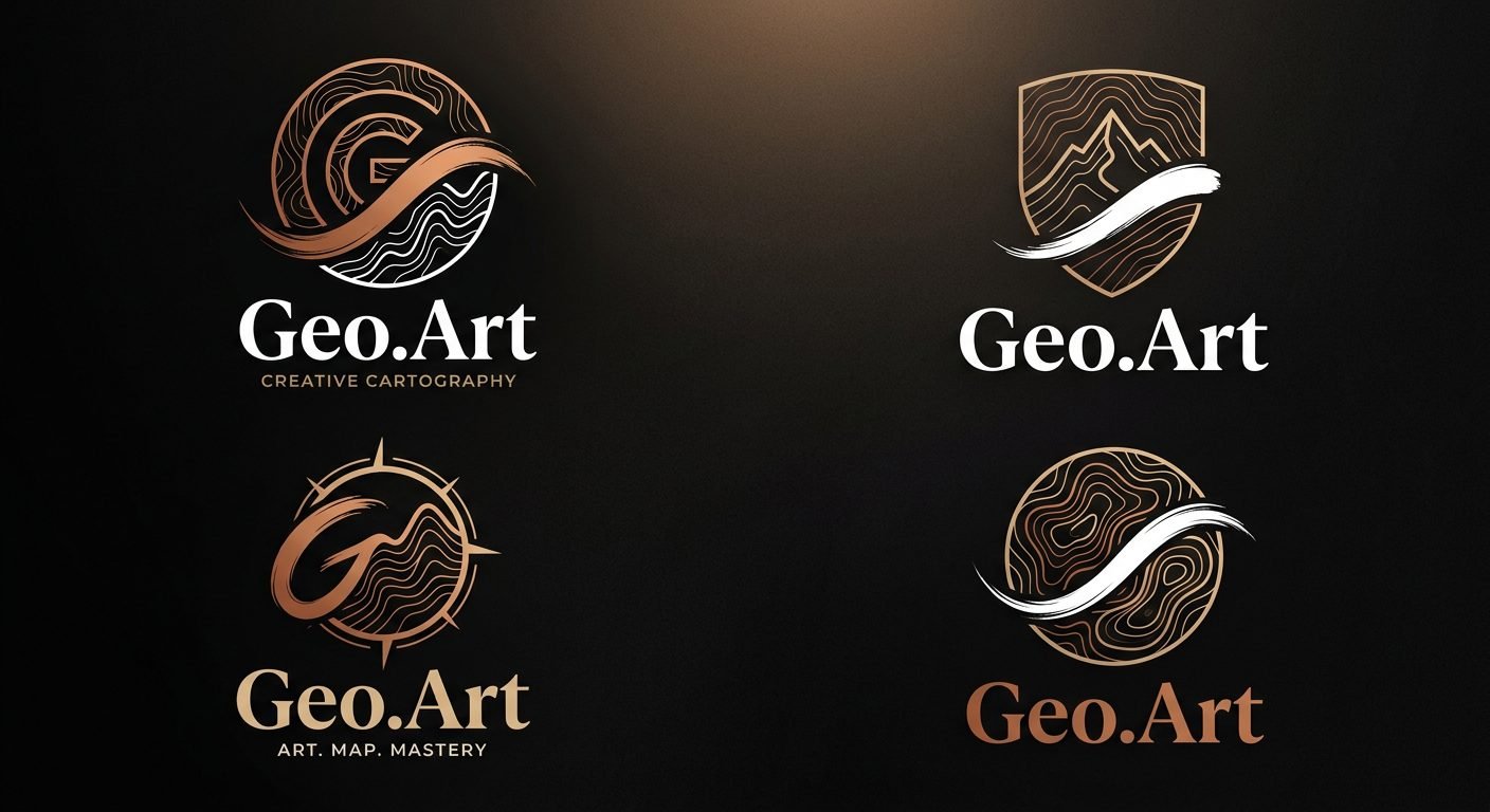 Geo.Art concept sheet — copper topographic emblems on black